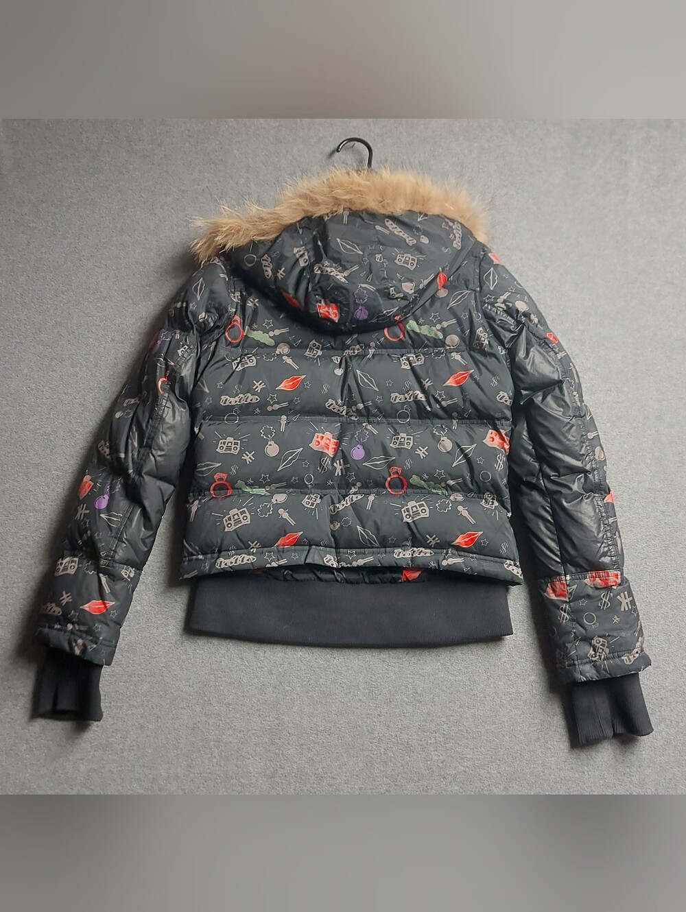 Lotto Leggenda Black Graphic Puffer Jacket Faux Fur Hood Size L - Picture 2 of 13